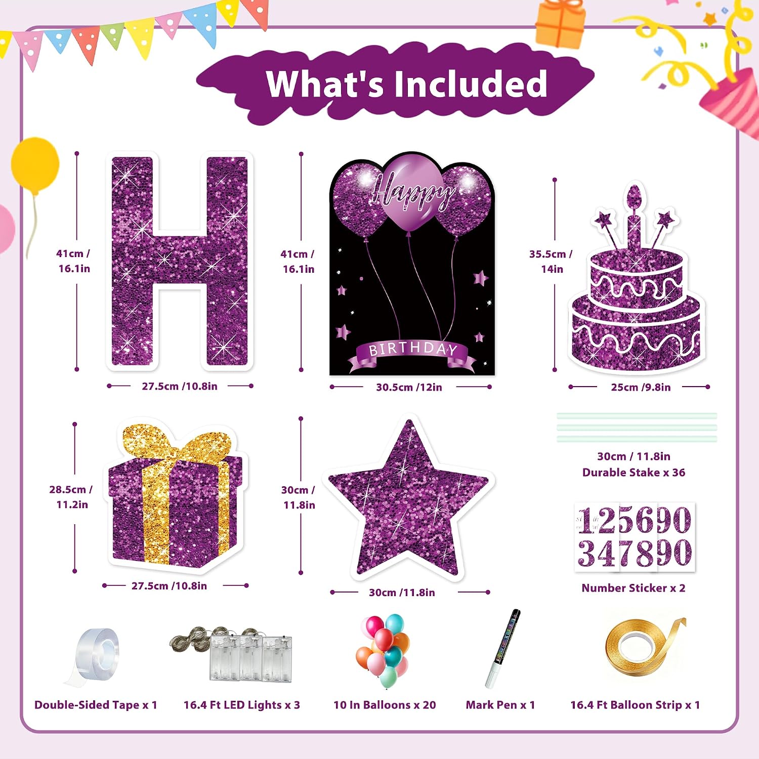 18 Pcs Happy Birthday Yard Sign with Stakes, Purple Happy Birthday Yard Sign with 49.2 Ft LED Light, 16 In Large Personalized Happy Birthday Sign, Waterproof Lawn Garden Birthday Party Decorations