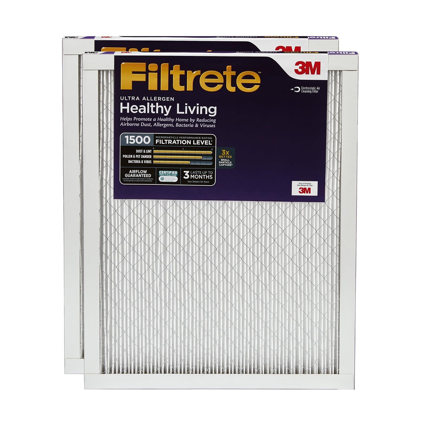 Filtrete 16x25x1 AC Furnace Air Filter, MERV 12, MPR 1500, CERTIFIED asthma & allergy friendly, 3 Month Pleated 1-Inch Electrostatic Air Cleaning Filter, 2-Pack (Actual Size 15.69 x 24.69 x 0.78 in)