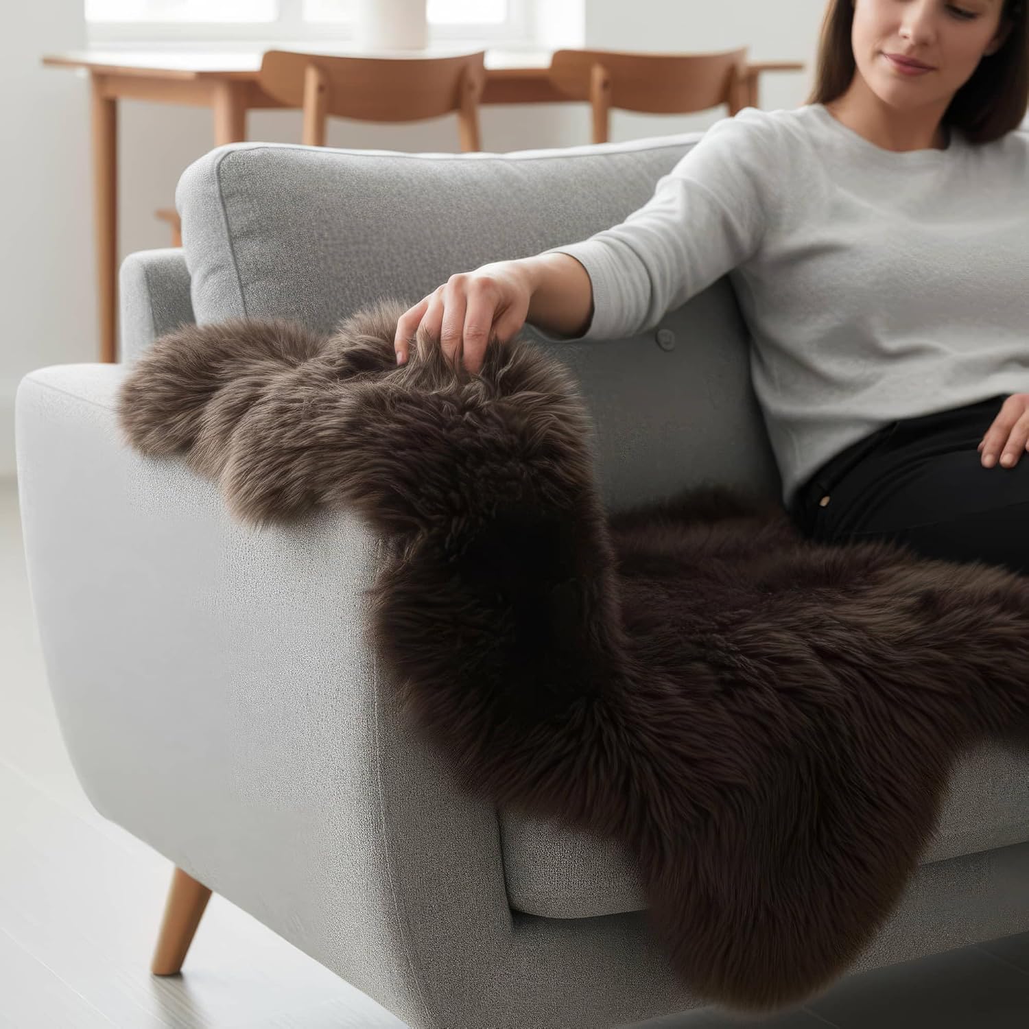 Genuine Dark Brown Sheepskin Rug 2x3 ft, Real Fluffy Single Pelt Fur Accent Rug for Chair, Seat Cover, Nursery & Home Decor, Natural & Soft Shaggy Throw