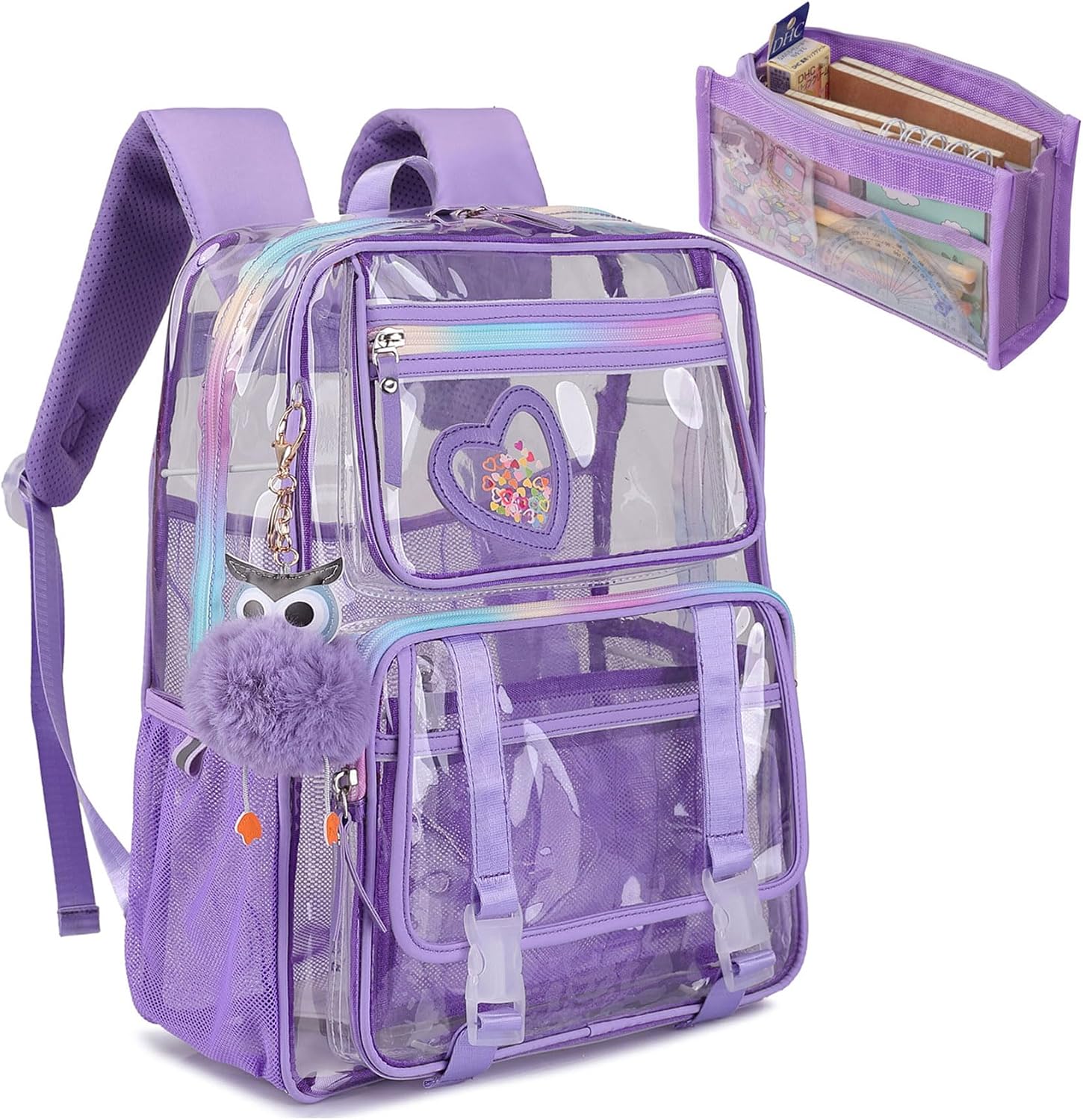 Clear Backpack for School Girls, Heavy Duty & Waterproof See-Through Bookbag with Pencil Case, Transparent Backpack for Work, Travel, Gym, College, Purple