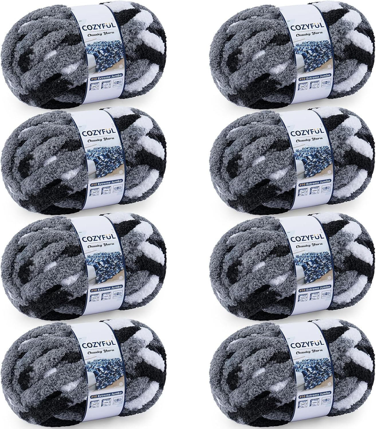 Cozyful Chunky Yarn for Hand Knitting - #10 Chunky Chenille Blanket Yarn, Jumbo Big Thick Chunky Yarns for Crocheting, Tie Dye Bulky Knit Yarns, 8 Skein (20 yds 8 oz Each Skein), Black & Grey & White