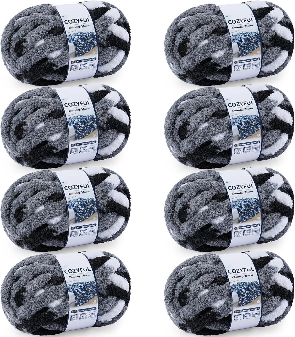 Cozyful Chunky Yarn for Hand Knitting - #10 Chunky Chenille Blanket Yarn, Jumbo Big Thick Chunky Yarns for Crocheting, Tie Dye Bulky Knit Yarns, 8 Skein (20 yds 8 oz Each Skein), Black & Grey & White