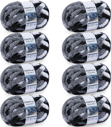 Cozyful Chunky Yarn for Hand Knitting - #10 Chunky Chenille Blanket Yarn, Jumbo Big Thick Chunky Yarns for Crocheting, Tie Dye Bulky Knit Yarns, 8 Skein (20 yds 8 oz Each Skein), Black & Grey & White
