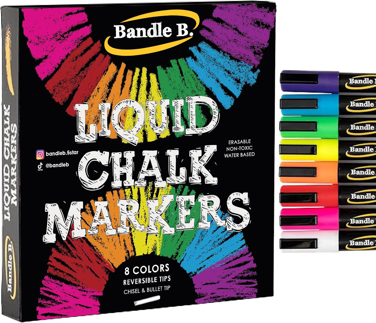 Bandle B. Chalk Markers - 8 Vibrant, Erasable, Non-Toxic, Water-Based, Reversible Tips. For Glass or Chalkboard Markers for Businesses, Restaurants, Liquid Drawing Chalk (Vibrant 6mm)