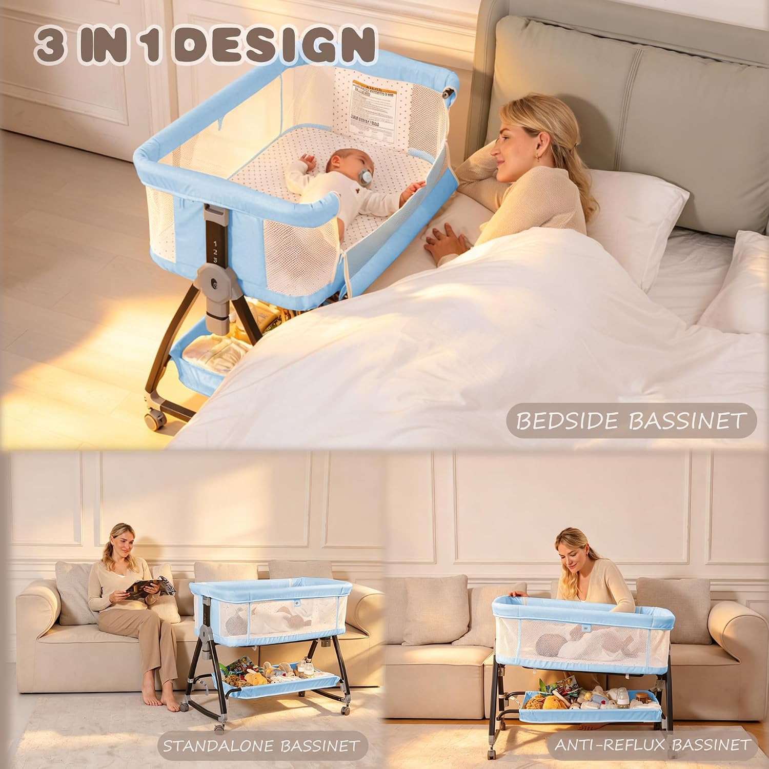 Baby Bassinets Bedside Sleeper with Wheels and Mattress, Cosleeping Baby Bed with Storage, Co-Sleeper Bassinet Attach to Bed, Bed Side Crib with Breathable Mesh, Height Adjustable (Blue)