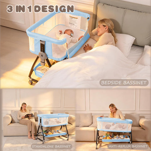 Baby Bassinets Bedside Sleeper with Wheels and Mattress, Cosleeping Baby Bed with Storage, Co-Sleeper Bassinet Attach to Bed, Bed Side Crib with Breathable Mesh, Height Adjustable (Blue)
