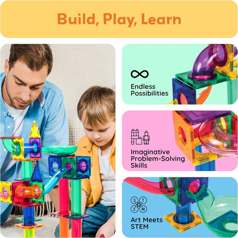 PicassoTiles 100 Piece Marble Run Magnetic Tiles Race Track STEM Ages 3+