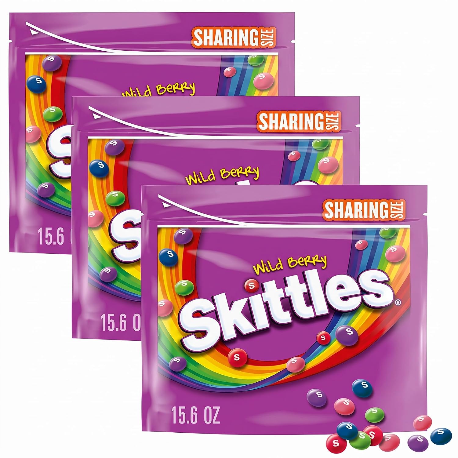SKITTLES Wild Berry Chewy Candy Share Size Tear and Share Movie Night Party Favor Candy Snack, 15.6 Oz Resealable Bag (Pack of 3)