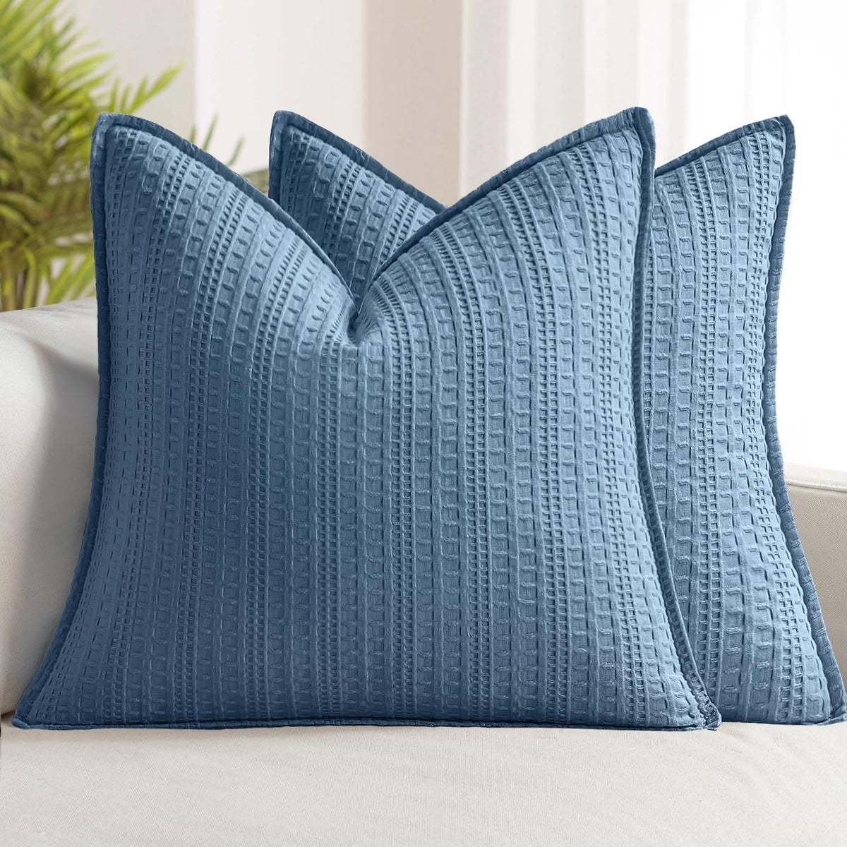 Decorative Waffle Throw Pillow Covers 18x18 Blue 2 Pack