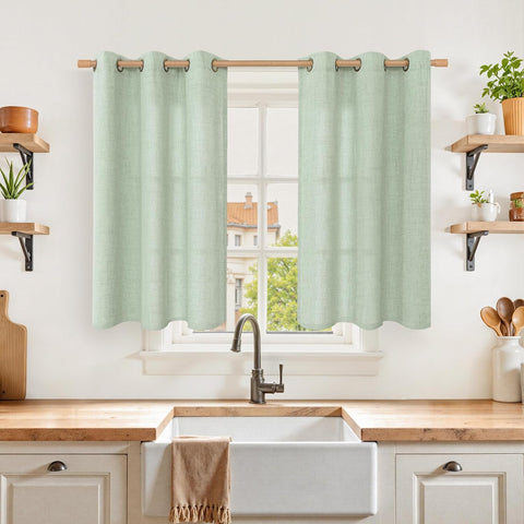 YoungsTex Sage Green Kitchen Window Curtains, Short Linen Drapes with Bronze Grommet Light Filtering Semi Sheer for Bathroom Windows, 42 x 40 Inch, 2 Panels
