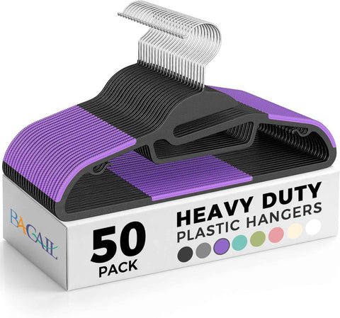 BAGAIL Plastic Hangers 50 Pack with Non-Slip Design,0.2 Inches Thick, 360°Swivel Hook Space Saving Organizer for Bedroom Closet,Shirts,Pants(Purple- S Shaped)