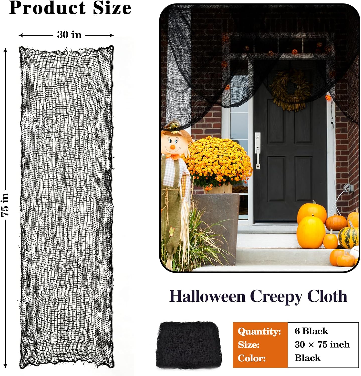 ZeeDix 6 Pack Black Halloween Creepy Cloth 30 × 75 Inch - Halloween Cheesecloth Decoration Spooky Scary Gauze Black Cheese Cloth for Party Supplies Outdoor Yard Home Wall Doorway