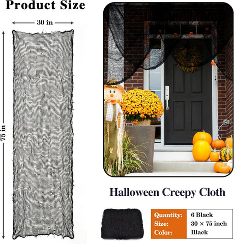 ZeeDix 6 Pack Black Halloween Creepy Cloth 30 × 75 Inch - Halloween Cheesecloth Decoration Spooky Scary Gauze Black Cheese Cloth for Party Supplies Outdoor Yard Home Wall Doorway
