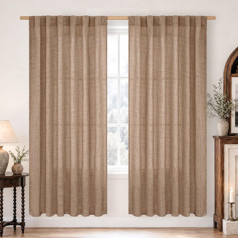 BGment Linen Light Brown Curtains for Living Room 72 Inch Length, Window Textured Drapes Country Rustic Semi Sheer for Bedroom Dining with Back Tab Light Filtering, 2 Panel, 52 Inch Wide Each Panel