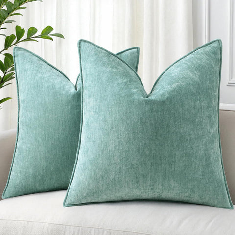 decorUhome Chenille Aqua Haze Velvet Throw Pillow Covers 18x18 Set of 2