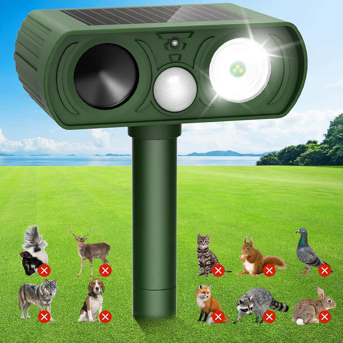 Solar Ultrasonic Animal Repellent Outdoor, Deer Repellent Devices Waterproof, Cat Squirrel Rabbit Dog Raccoon Deterrent Animal Repeller with Motion Detection, Keep Skunk Away for Yard, Green, 1 Pack