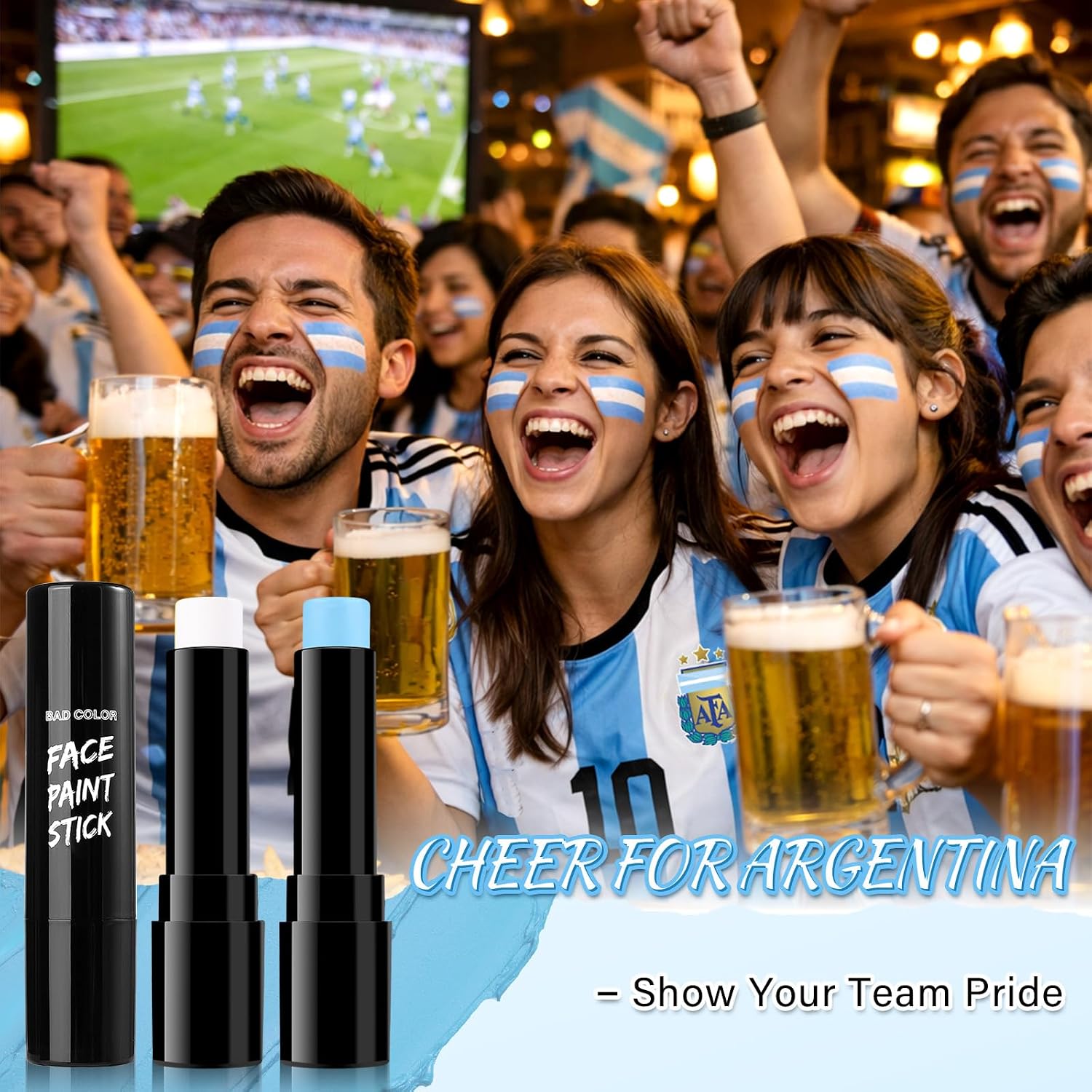 BADCOLOR Argentina Light Blue White Face Body Paint Stick Set, Oil Based Fan Makeup Stick, Waterproof Sweatproof Face Paint for Football, Rugby, Softball, Baseball, Lacrosse, Sports Accessories