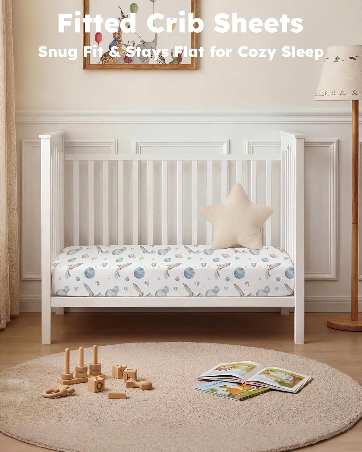 Baby Crib Sheets for Boys and Girls, Fitted Crib Sheets 52" x 28", Soft Breathable Microfiber Sheets for Standard Crib and Toddler Mattress, 2-Pack Blue Rocket