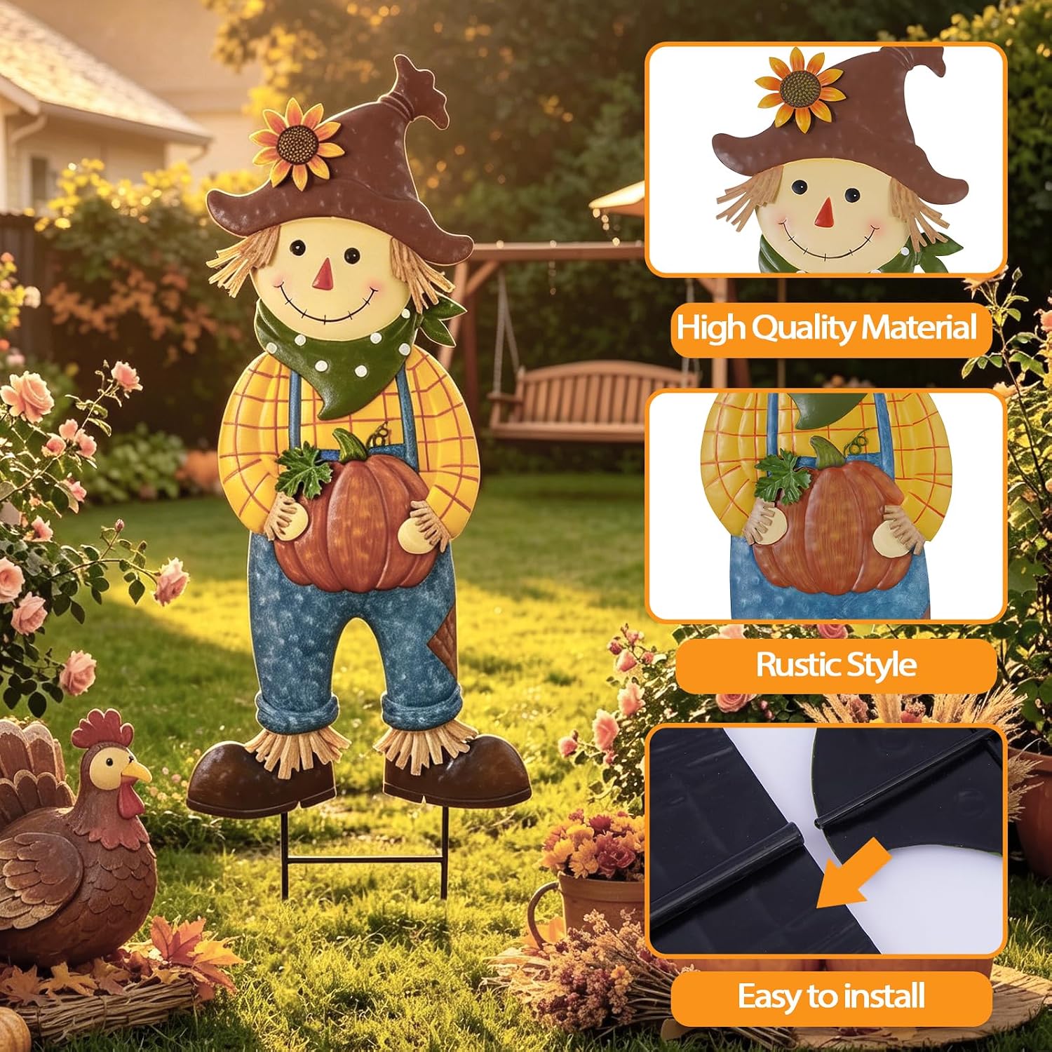 BRIGHTDECK Outdoor Fall Scarecrow Metal Stakes Decorations Autumn Yard Sign