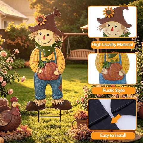 BRIGHTDECK Outdoor Fall Scarecrow Metal Stakes Decorations Autumn Yard Sign