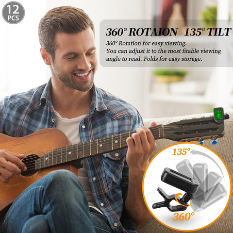 Guitar Tuner Clip On 12 Pack Tuners for Acoustic Electric Guitar Bass Ukulele Violin Banjo Tuning