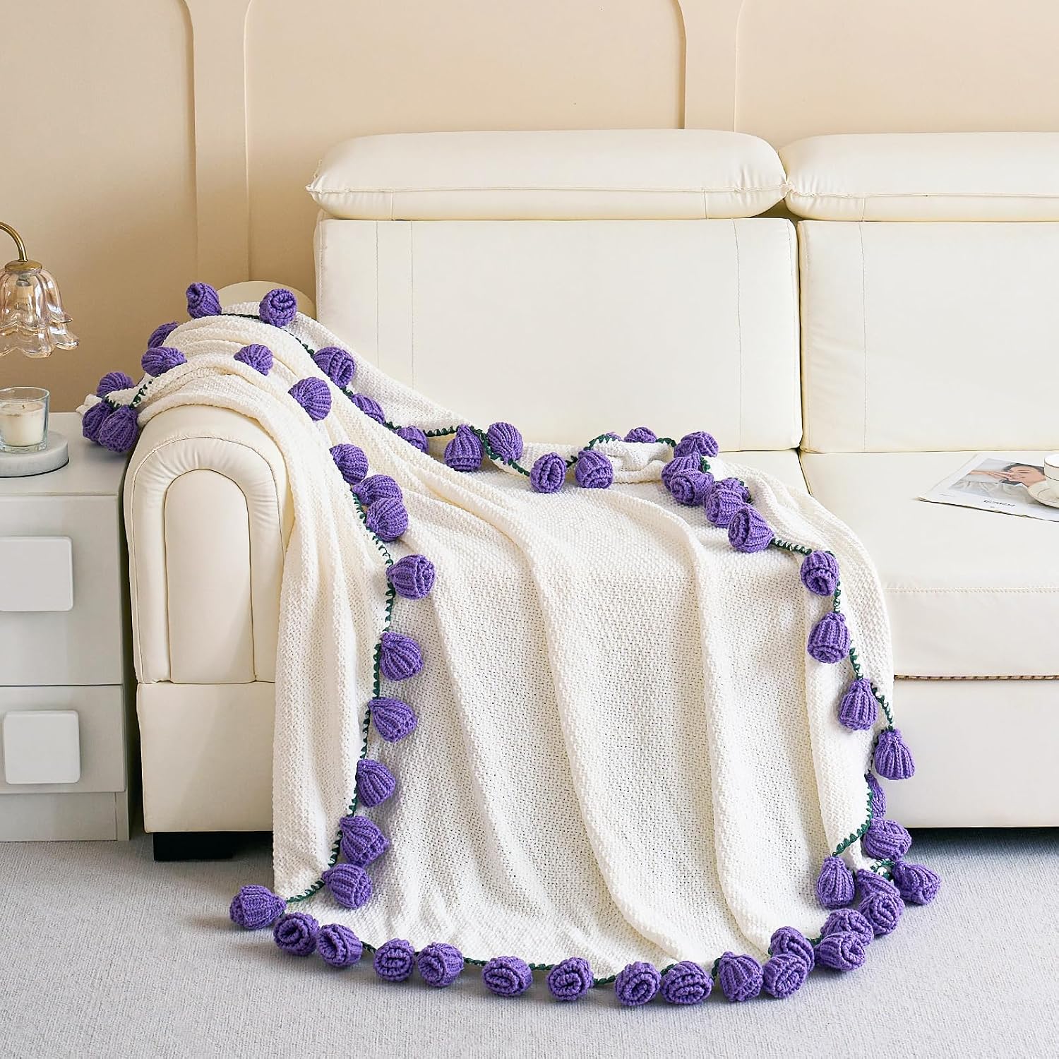Crochet Flower Bouquet Throw Blanket, Handmade Knitted Blanket with Tulip, Cute Romantic Gift for Her Girlfriend Mom Mother’s Day Valentine Wedding Anniversary Birthday, Purple 40 Inches