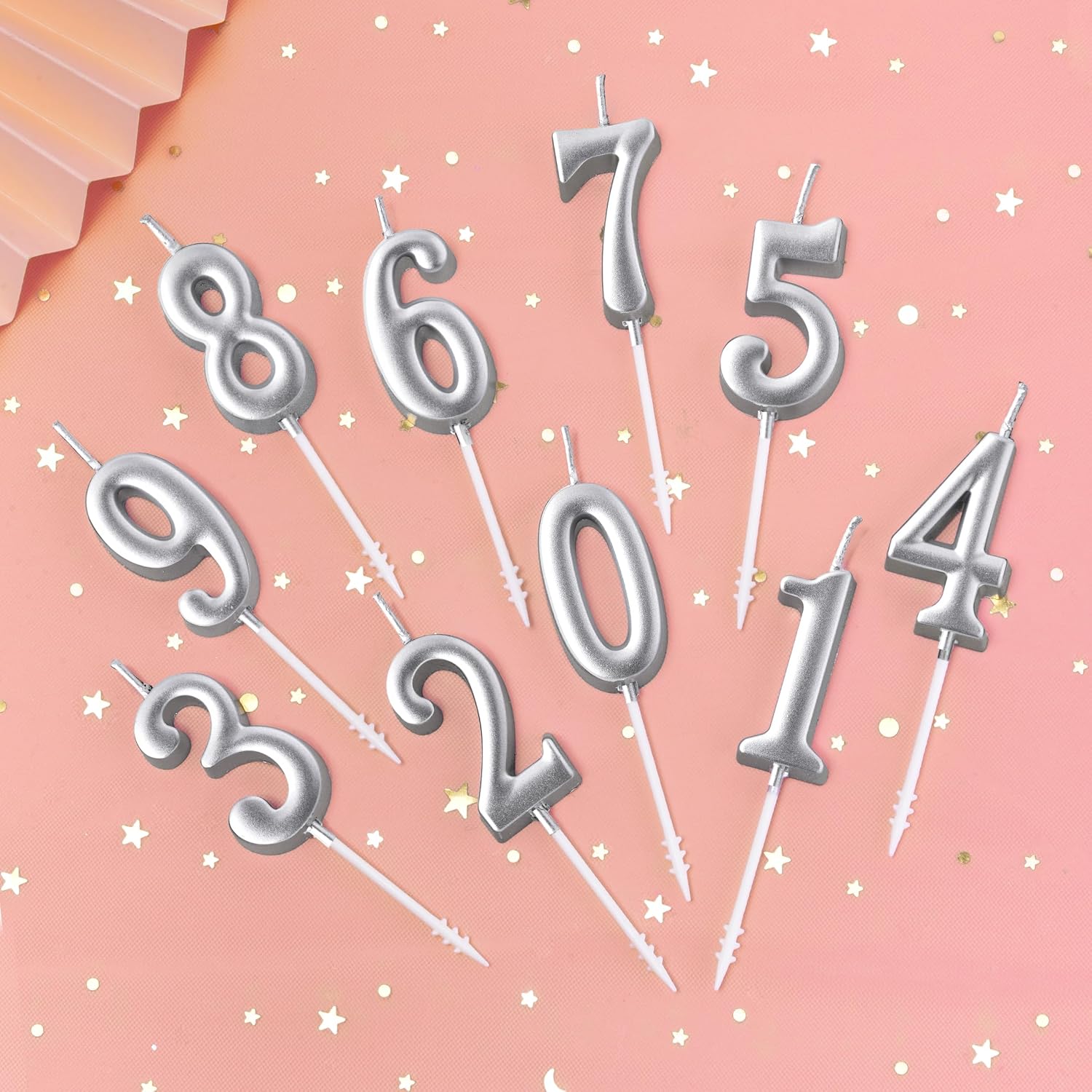 PHD CAKE 10-Pieces Silver Numeral Birthday Candles, Cake Numeral Candles Number 0-9 Glitter Cake Topper Decoration for Birthday,Wedding Anniversary,Party Celebration