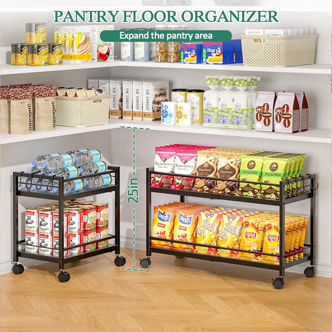 2 Pack 2-Tier Expandable Rolling Pantry Cart with Wheels, Adjustable Floor Organizer for Kitchen Pantry, Can Organizer for Pantry, Storage Cart for Snack, Food, Vegetables, Black, Patent Pending