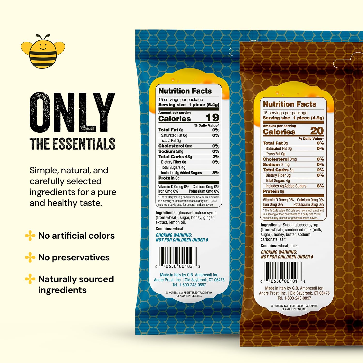 Honees Hard Candy Individually Wrapped - Variety Pack (Honey & Ginger + Honey & Caramel) - Natural & Healthy Candy, Italian Made - 2 Pack (5.7 oz)
