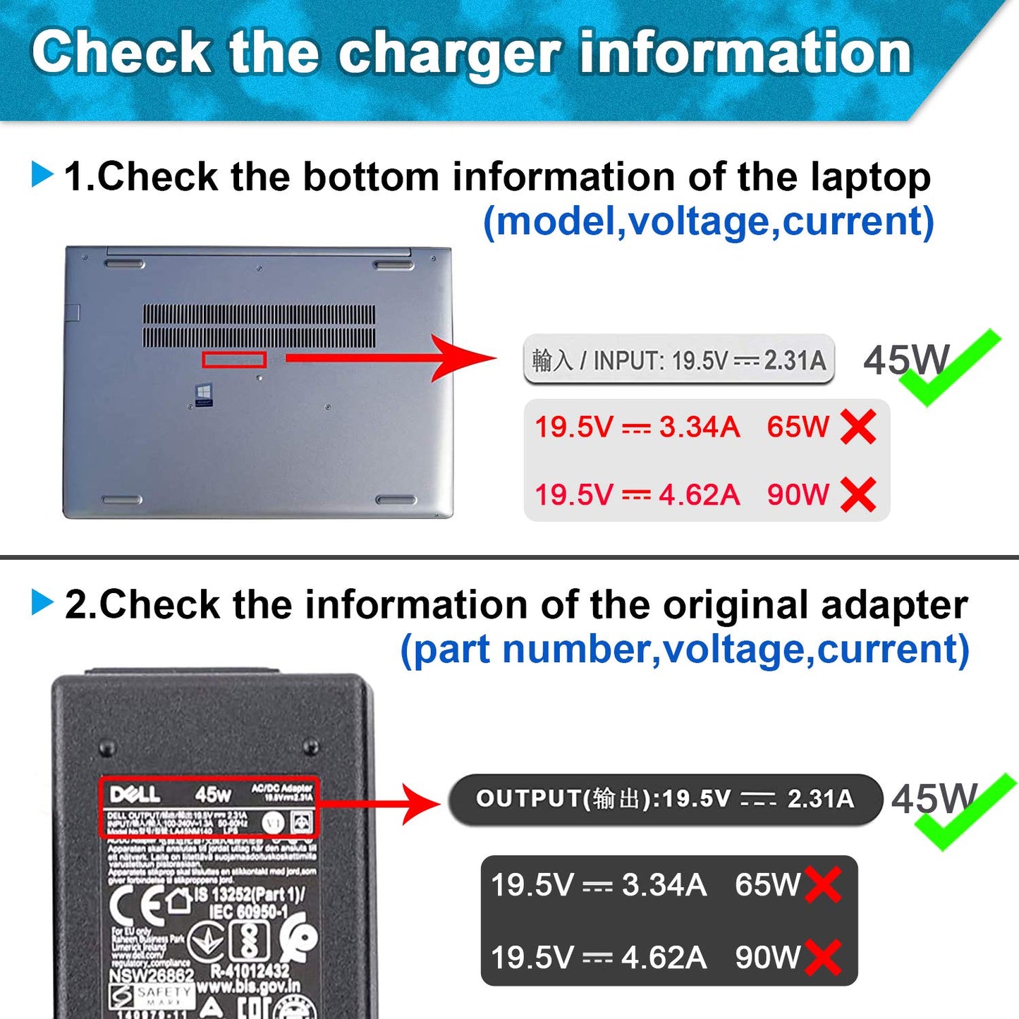 45W Replacement AC Adapter Charger for Dell Inspiron 15 3000 5000 Series 15-3552 3555 3558 3565 3567 5551 5552 5555 5558 5559 5565 5567 5568 5578 7558 7568 7569 7579 Laptop Power Supply Cord