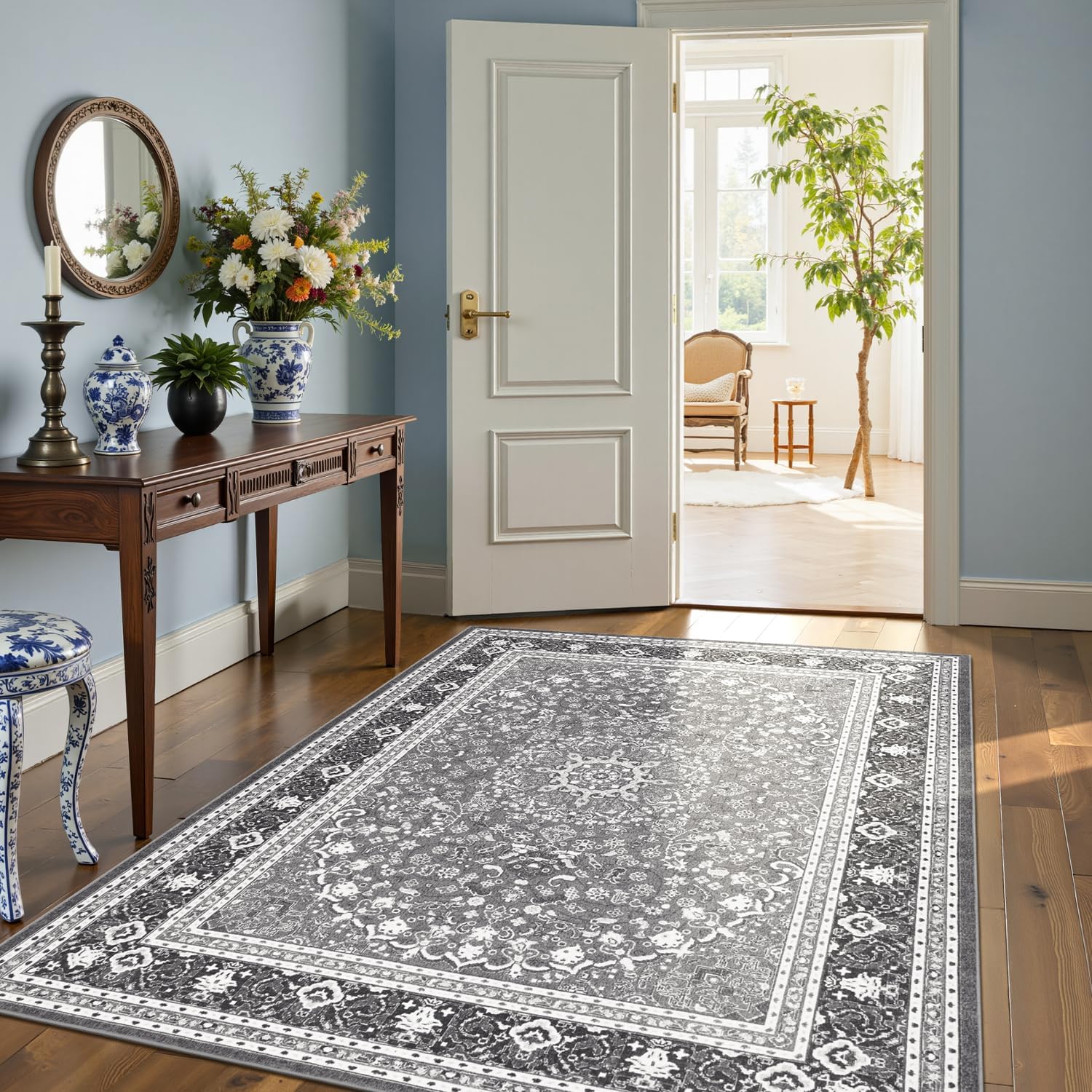 5x7 Area Rugs for Living Room, Washable Non-Slip Rug, Oriental Light Grey