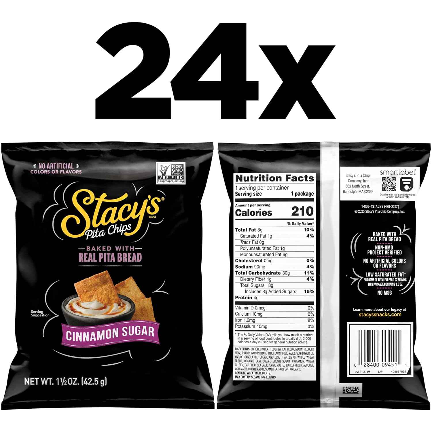 Stacy’s Pita Chips, Cinnamon Sugar, No Artificial Colors or Flavors, 1.5 oz (Pack of 24)