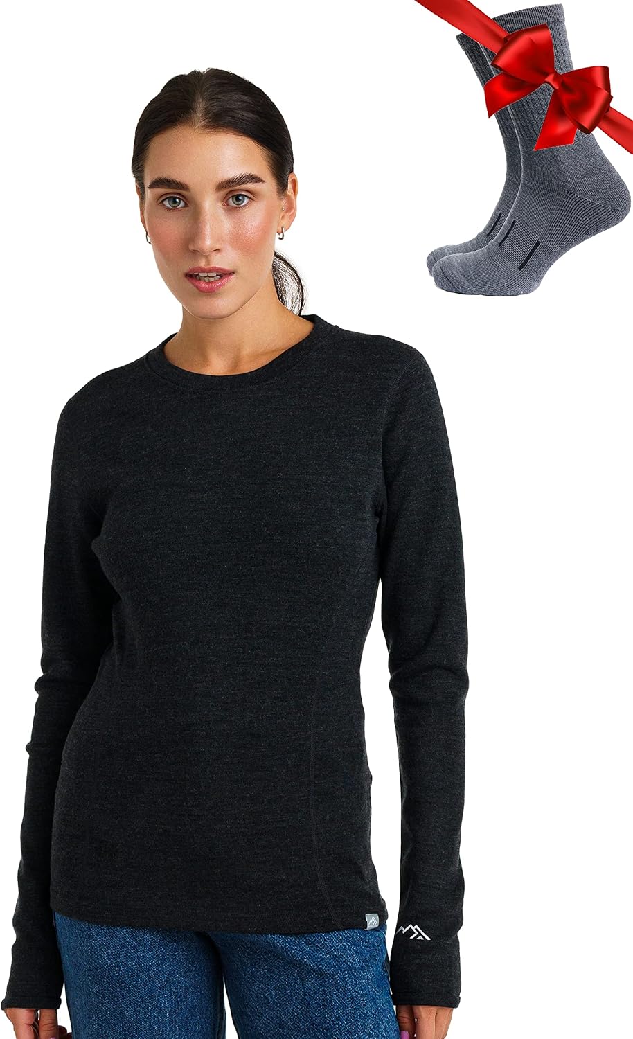 100% Merino Wool Base Layer Women - Long Sleeve Thermal Shirt with Socks