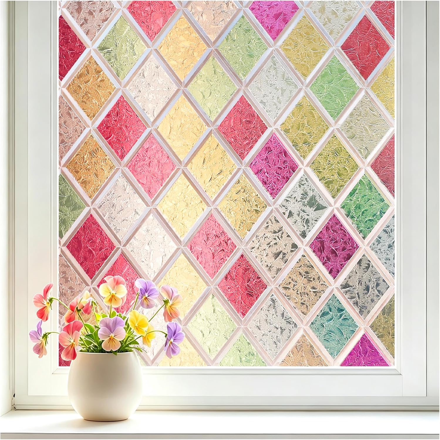 Haton Stained Glass Window Privacy Film, Colorful Diamond Lattice