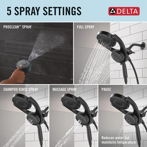 Delta 5-Setting HydroRain 2-in-1 Dual Shower Head with ProClean Spray, Matte Black High Pressure Shower Head with Handheld Spray, 1.75 GPM Flow Rate, Matte Black 75419BL