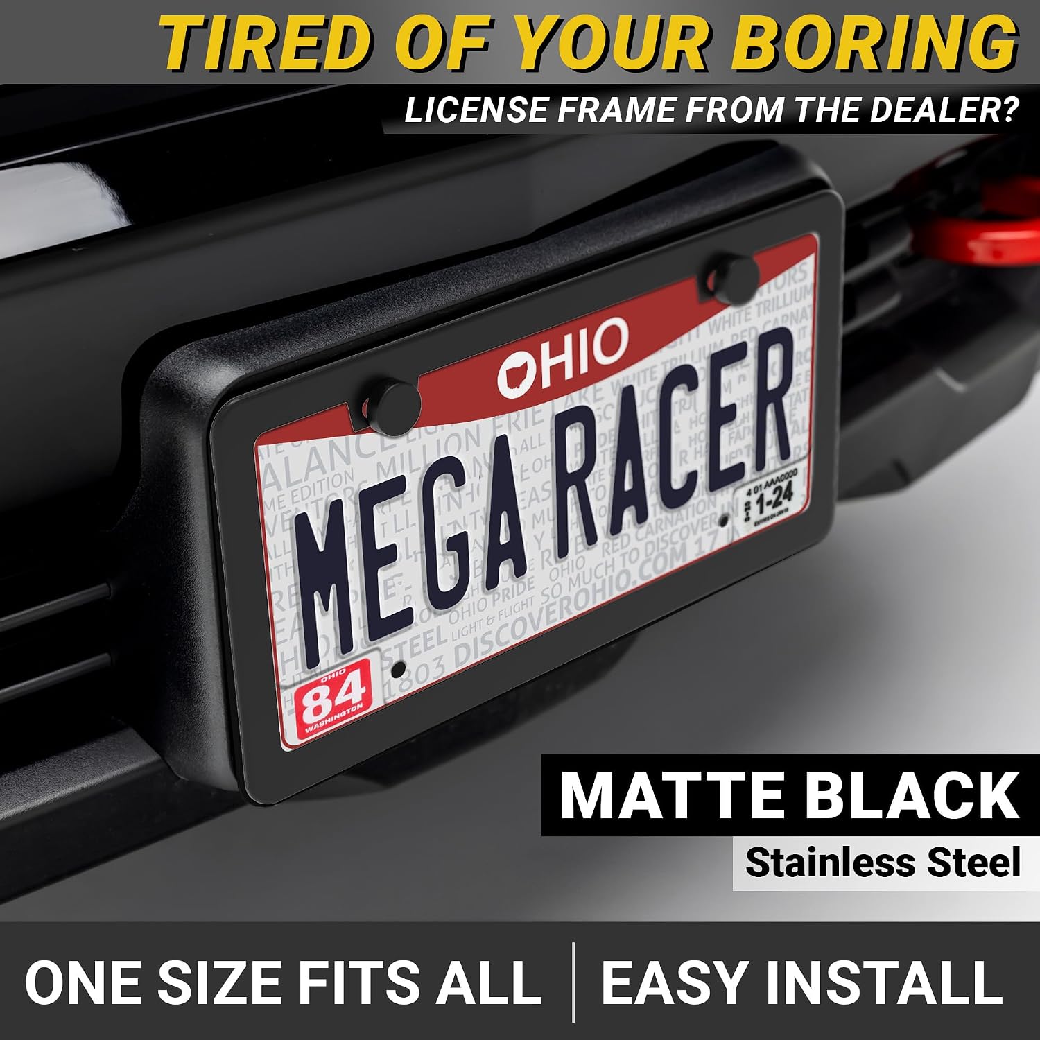 Premium Slim Matte Black License Plate Frame, 1 Piece, Metal Car Tag Holder