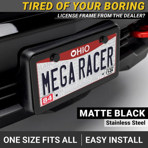 Premium Slim Matte Black License Plate Frame, 1 Piece, Metal Car Tag Holder