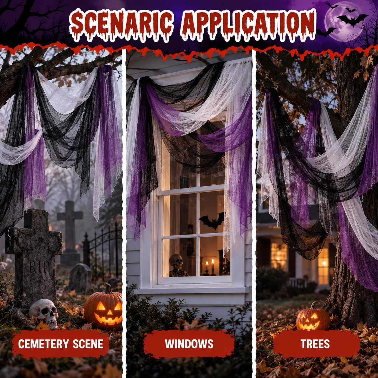 AHEONLAR 8 Pack Halloween Creepy Cloth 30x72 Inch Spooky Fabric Cloth Indoor Outdoor Halloween Decorations for Party Supplies, Home Wall, Doorway, Yard (3 Black, 3 White, 2 Purple)