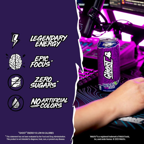 GHOST Energy Drink, Zero Sugars, 12-Pack, Welch's Grape, 16oz
