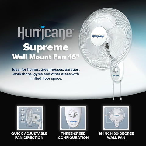 Hurricane Supreme Oscillating Wall Fan, 3 Speeds, White - 16in