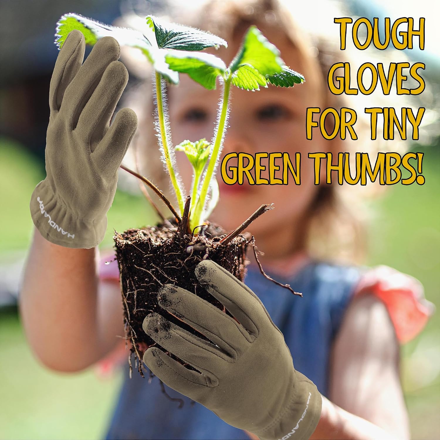 HANDLANDY Kids Leather Gardening Gloves, Kid Work Gloves, Khaki, L