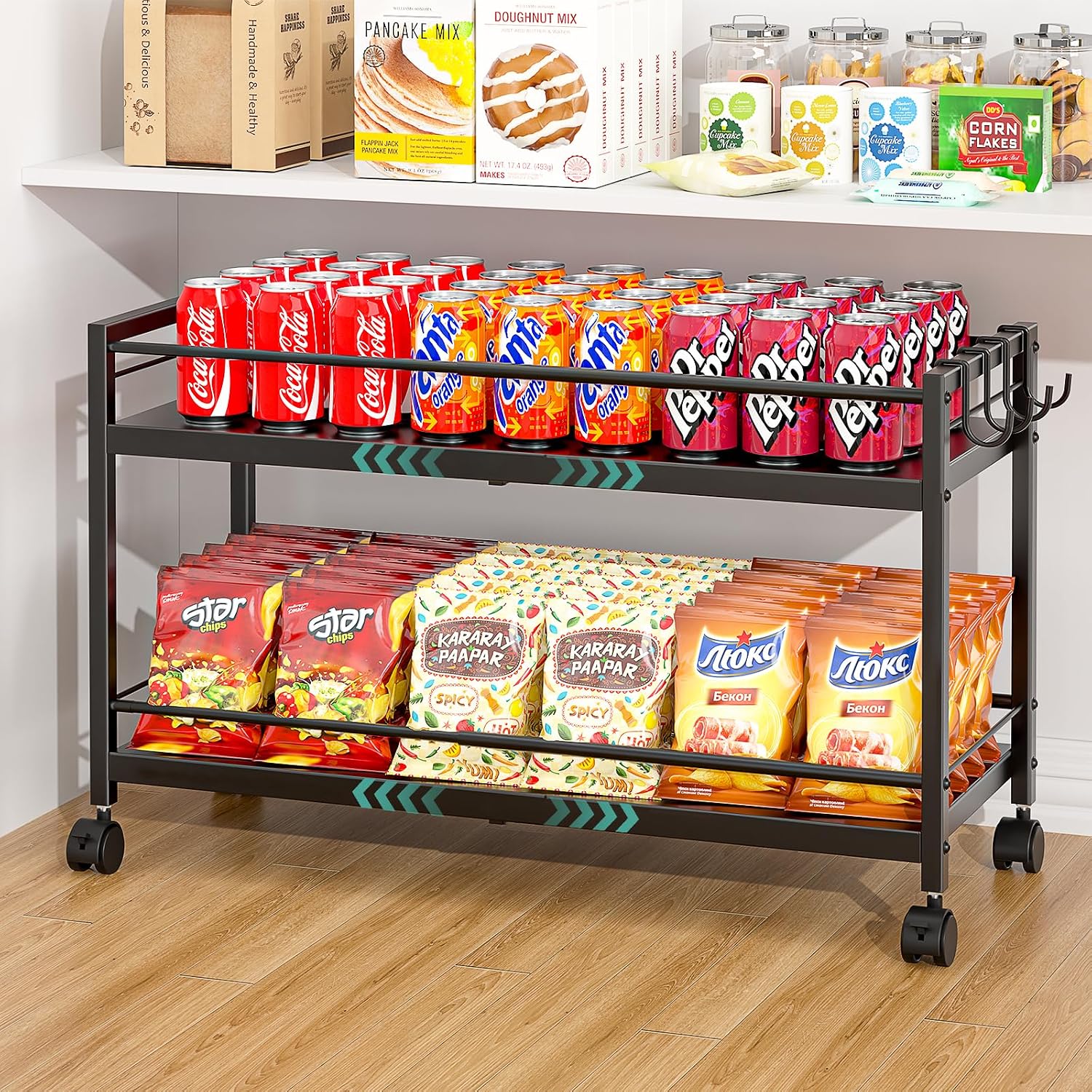 2 Pack 2-Tier Expandable Rolling Pantry Cart with Wheels, Adjustable Floor Organizer for Kitchen Pantry, Can Organizer for Pantry, Storage Cart for Snack, Food, Vegetables, Black, Patent Pending