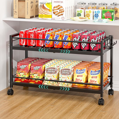 2 Pack 2-Tier Expandable Rolling Pantry Cart with Wheels, Adjustable Floor Organizer for Kitchen Pantry, Can Organizer for Pantry, Storage Cart for Snack, Food, Vegetables, Black, Patent Pending
