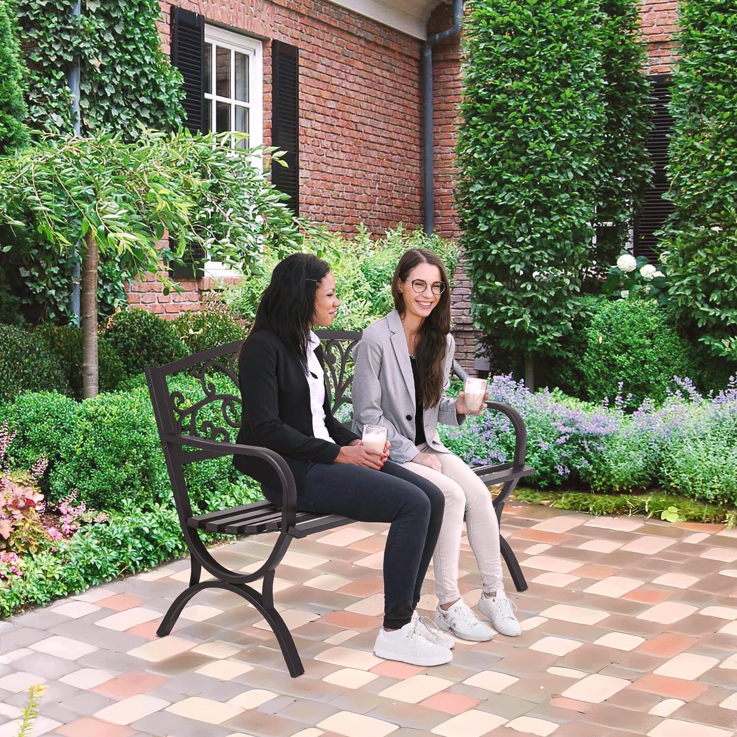 FDW | 50" Outdoor Garden Bench | Black | 485lbs Load Capacity