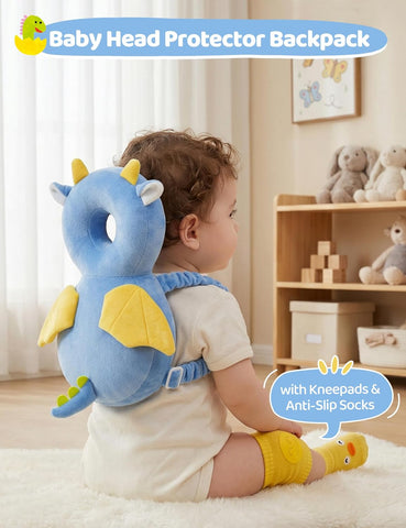 JunNeng Baby Head Protector Backpack for 3 Knee Pads + 3 Socks, Dinosaur B