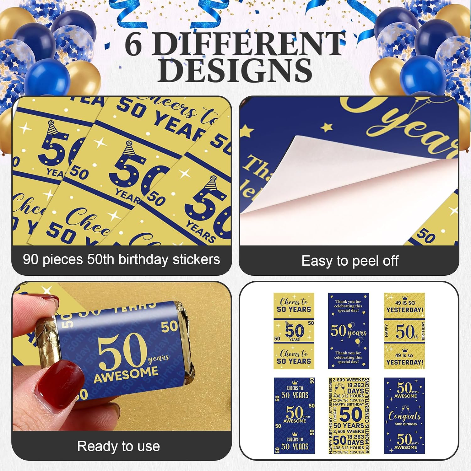 Tenare 90 Pcs 50th Birthday Candy Wrappers, Blue and Gold Stickers