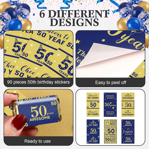Tenare 90 Pcs 50th Birthday Candy Wrappers, Blue and Gold Stickers