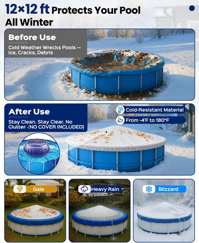 Pool Pillows for Above Ground Pools – Round 12x12FT with Pump & Rope & Patch, Air Pillow & Balloon for Inground Swimming Pool, Winter Cover Pillow, 0.84mm Thick Closing & Winterizing Kit for Pool