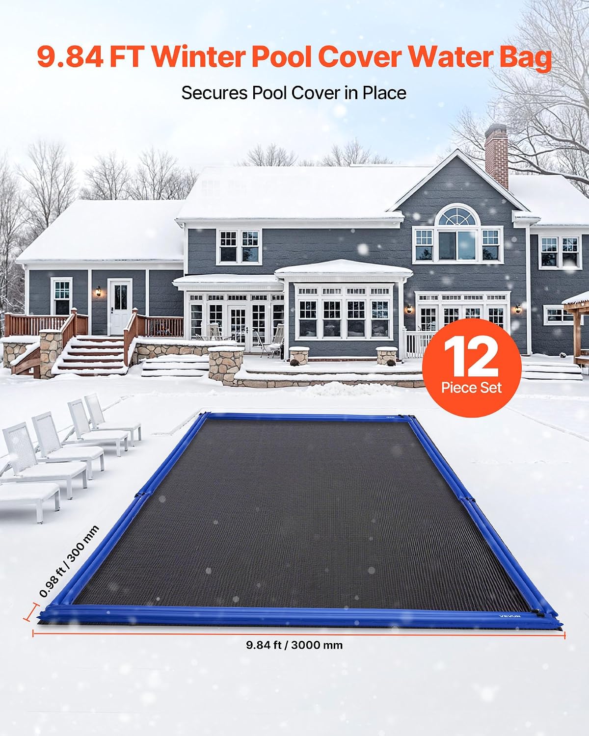 VEVOR Pool Cover Water Bags, 12 Packs 10 Ft, Double Chamber Pool Cover Water Tubes, 0.4mm Thick PVC Bags Weights with Leakproof Screw Cap, for Inground Swimming-Pool Covers Winter Closing, Blue