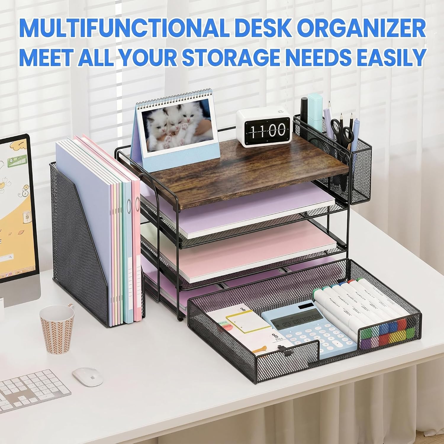 OPNICE Desk Organizers and Accessories, 4-Tier Desktop File Organizer with Drawer and Pen Holders, Office Desk Accessories Workspace Organizers for Office Supplies (Brown)